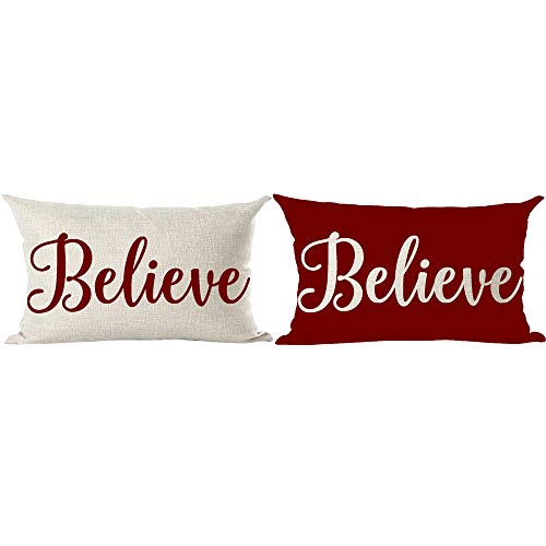 ramirar Set von 2 Stück Merry Christmas Weinrot Word Believe inspirierende dekorative Lendenwirbelkissen Fall Kissen Home Wohnzimmer Bett Sofa Auto Baumwolle Leinen rechteckig 30,5 x 50,8 cm von ramirar