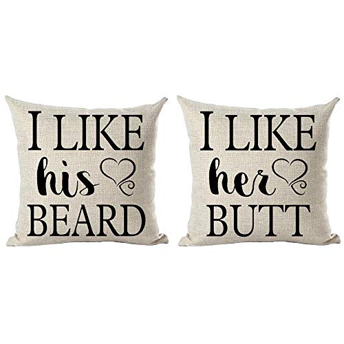 ramirar Set von 2 schwarzen Wörtern I Like His Beard I Like Her Butt Love für Liebhaber Valentinstag Dekorative Wurfkissen Fall Kissen Home Wohnzimmer Bett Sofa Auto Baumwolle Leinen Quadratisch 45,7 von ramirar