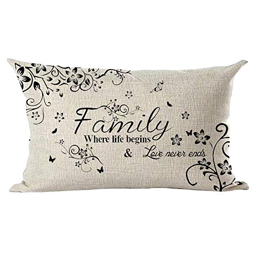 ramirar Word Art Family Where Life Begins & Love Never Ends Blumen Schmetterlinge Dekorative Lendenwirbelkissenbezug Kissen Home Wohnzimmer Bett Sofa Auto Baumwolle Leinen rechteckig 30,5 x 50,8 cm von ramirar