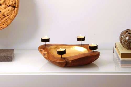 Dekoschale Teak & Gold mit Kerzenhaltern für Teelichte | rustikale Teakholz-Deko | abnehmbare Kerzenhalter von rattan-petrak
