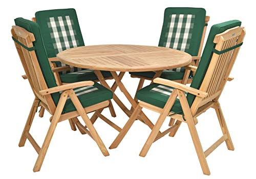 Rattanland® Gartenmöbel Set Holz, Klappbar Gartentisch mit 4 Stühlen (FSC® - zertifiziertes Teakholz) mit Kissen - Möbelsets, Ausziehbar Gartentisch Rund, Möbel für Garten, Garden Furniture Sets von rattanland HOME & GARDEN