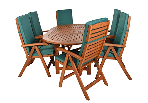 Rattanland | Gartenmöbel Set Oldham aus FSC-zertifiziertem Eukalyptusholz mit einem 110 cm Breiten Tisch und 6 Stühlen mit 6 Grüne Kissen - Sehr bequemes und modisches Set Rattanland | Gartenmöbel Set Oldham aus FSC-zertifiziertem Eukalyptusholz mit einem 110 cm Breiten Tisch und 6 Stühlen mit 6 Grüne Kissen - Sehr bequemes und modisches Set von rattanland HOME & GARDEN
