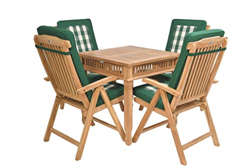 Rattanland | Gartenmöbel Set aus exotischem Teakholz “Sardinien” Tisch 80cm x 80cm x 74H mit 4 Toskana Stühle (5-stufige Rückenlehnenverstellung) V-legal zertifiziertes Holz (Premium grüne Kissen) von rattanland HOME & GARDEN