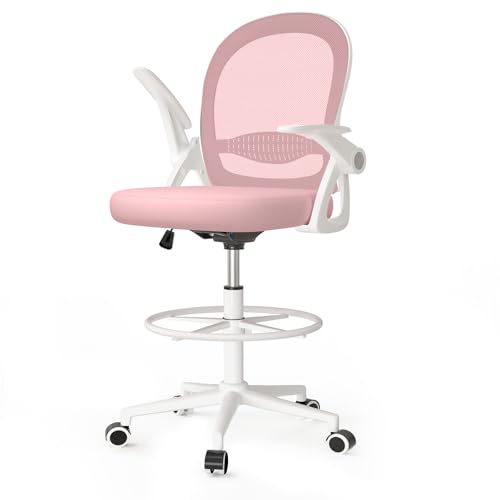 rattantree Ergonomischer Bürostuhl, Schreibtischstuhl mit Verstellbare Fußstütze Ring, Höhenverstellbarer, Computerstuhl mit Hochklappbaren Armlehnen, Drehstuhl für Büro, Rosa von rattantree