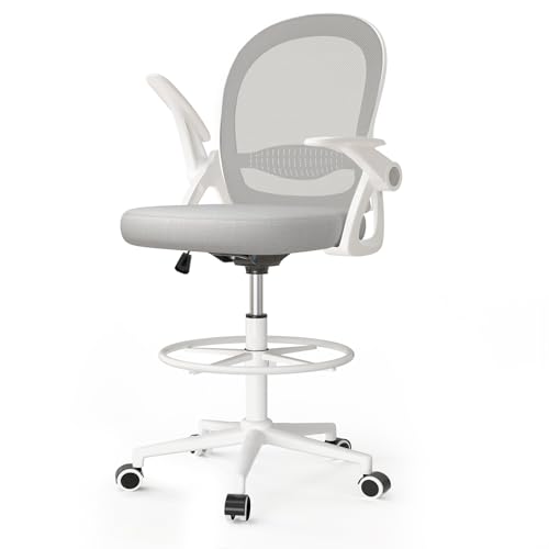 rattantree Ergonomischer Bürostuhl, Schreibtischstuhl mit Verstellbare Fußstütze Ring, Höhenverstellbarer, Computerstuhl mit Hochklappbaren Armlehnen, Drehstuhl für Büro, Zuhause, Grau von rattantree
