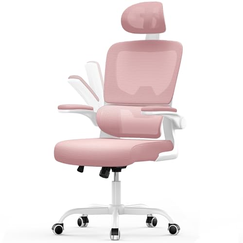 rattantree Ergonomischer Bürostuhl, Schreibtischstuhl mit Verstellbarer Kopfstütze und Armlehnen, C-förmige Lordosenstütze, Drehstuhl mit Rollen für das Home Office, Rosa von rattantree