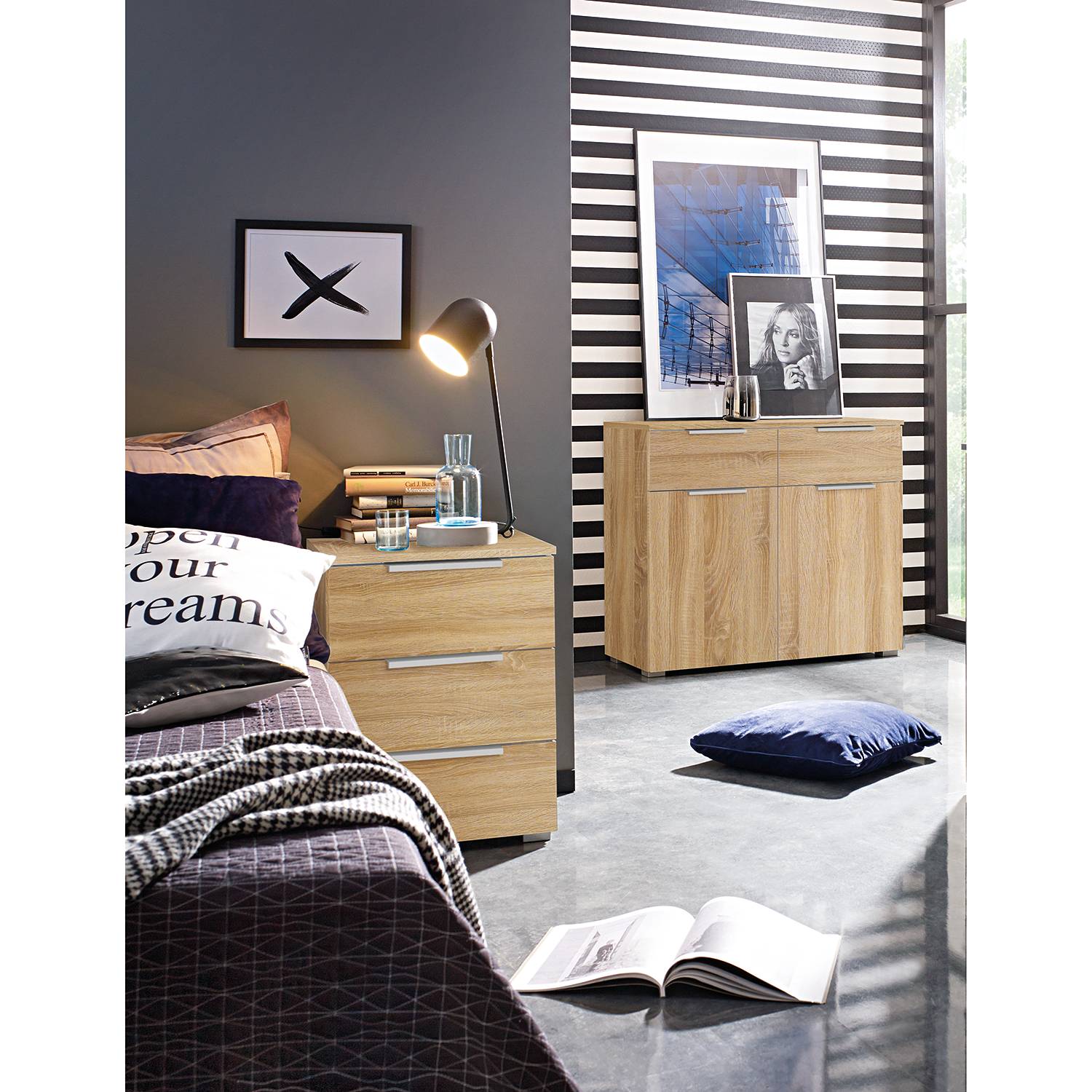 home24 Nachtkommode 2er-Set 47 x 62 x 42cm 3 Braun/Eiche Sonoma Dekor von home24