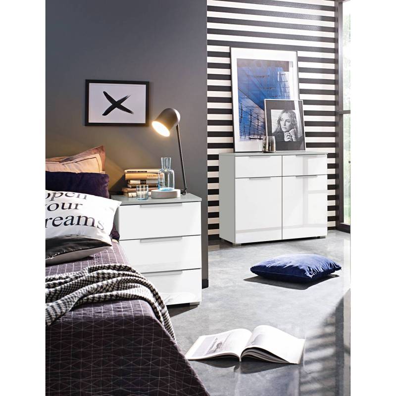 home24 Nachtkommode 2er-Set 47 x 62 x 42cm 3 Weiß/Hochglanz Weiß/Grau von home24