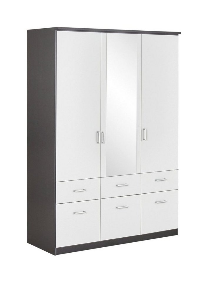 rauch Drehtürenschrank BREMEN, B 136 cm x H 199 cm, Alpinweiß, Grau metallic, 3 Türen, 6 Schubladen von rauch