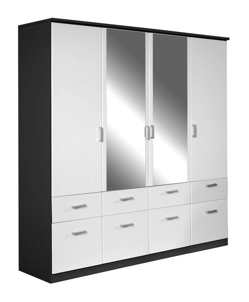 rauch Drehtürenschrank Kleiderschrank BREMEN, B 181 cm x B 199 cm, Alpinweiß, Grau metallic, 4 Türen, 8 Schubladen, mit Spiegel von rauch