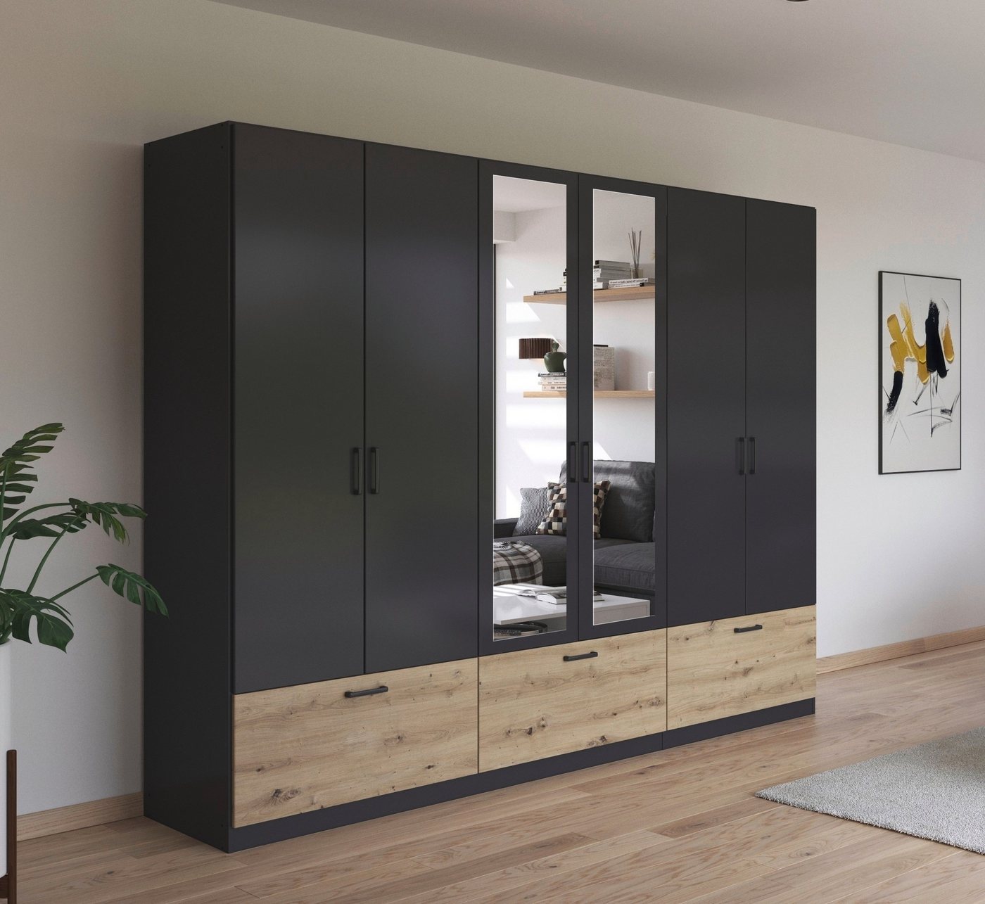 rauch Drehtürenschrank Kleiderschrank Schrank Garderobe Wäscheschrank BARI mit Spiegel mit Schubkästen und modernem Griff in Graumetallic MADE IN GERMANY von rauch