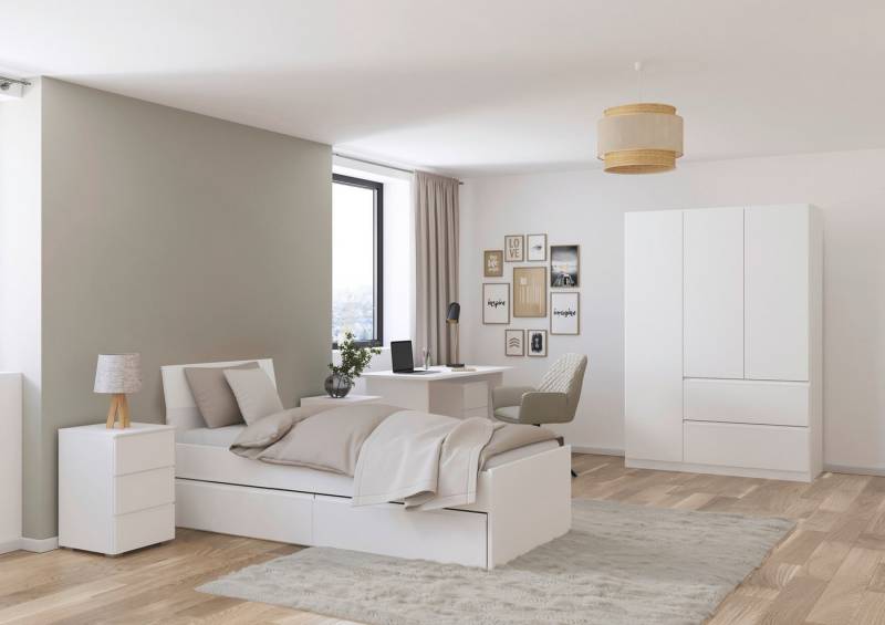 rauch Jugendzimmer-Set Komplettzimmer Schlafzimmer-Set (5-St) Jugendzimmer-Set JOEL, (Set, 5-tlg., Bett 90x200 oder 140x200 cm, Ausstattungspakete BASIC/CLASSIC/PREMIUM), Bett 2 Breiten,Nachttisch,Tisch,Rollcontainer,Schrank MADE IN GERMANY von rauch