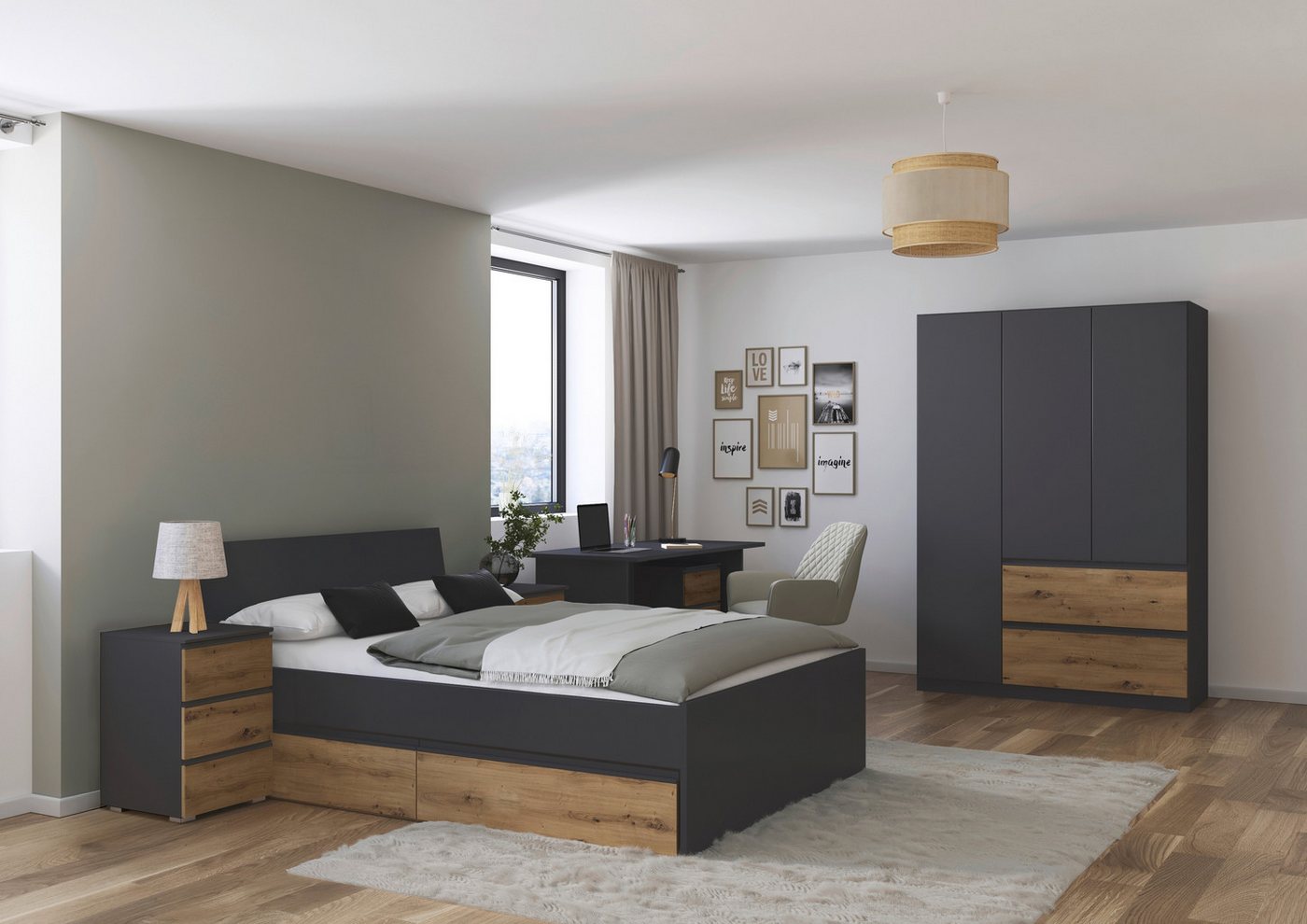 rauch Jugendzimmer-Set Komplettzimmer Schlafzimmer-Set (5-St) Jugendzimmer-Set JOEL, (Set, 5-tlg., Bett 90x200 oder 140x200 cm, Ausstattungspakete BASIC/CLASSIC/PREMIUM), Bett 2 Breiten,Nachttisch,Tisch,Rollcontainer,Schrank MADE IN GERMANY von rauch