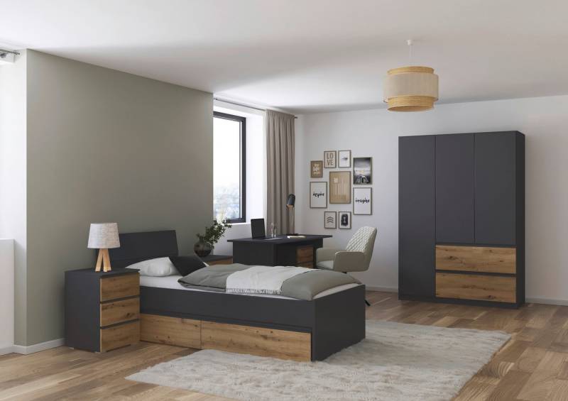 rauch Jugendzimmer-Set Komplettzimmer Schlafzimmer-Set (5-St) Jugendzimmer-Set JOEL, (Set, 5-tlg., Bett 90x200 oder 140x200 cm, Ausstattungspakete BASIC/CLASSIC/PREMIUM), Bett 2 Breiten,Nachttisch,Tisch,Rollcontainer,Schrank MADE IN GERMANY von rauch