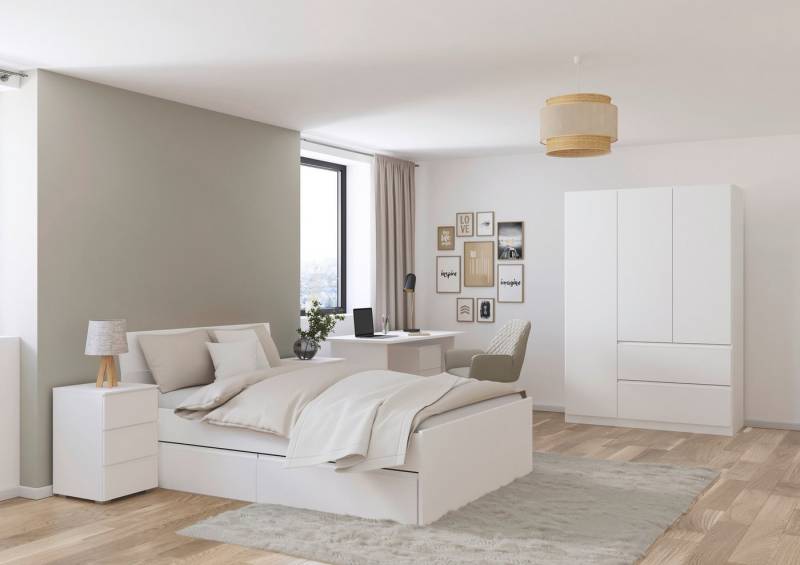 rauch Jugendzimmer-Set Komplettzimmer Schlafzimmer-Set (5-St) Jugendzimmer-Set JOEL, (Set, 5-tlg., Bett 90x200 oder 140x200 cm, Ausstattungspakete BASIC/CLASSIC/PREMIUM), Bett 2 Breiten,Nachttisch,Tisch,Rollcontainer,Schrank MADE IN GERMANY von rauch