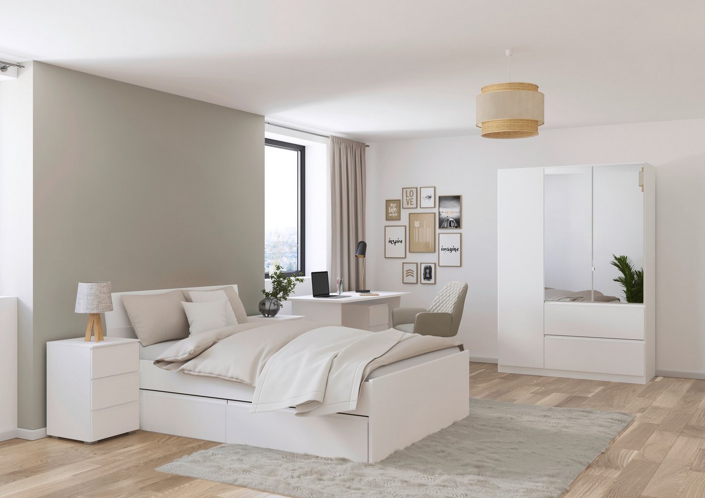 rauch Jugendzimmer-Set Komplettzimmer Schlafzimmer-Set (5-St) Jugendzimmer-Set JOEL, (Set, 5-tlg., Bett 90x200 oder 140x200 cm, Ausstattungspakete BASIC/CLASSIC/PREMIUM), Bett 2 Breiten,Nachttisch,Tisch,Rollcontainer,Schrank MADE IN GERMANY von rauch