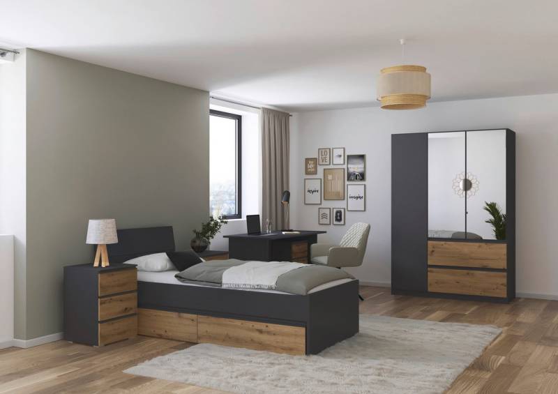 rauch Jugendzimmer-Set Komplettzimmer Schlafzimmer-Set (5-St) Jugendzimmer-Set JOEL, (Set, 5-tlg., Bett 90x200 oder 140x200 cm, Ausstattungspakete BASIC/CLASSIC/PREMIUM), Bett 2 Breiten,Nachttisch,Tisch,Rollcontainer,Schrank MADE IN GERMANY von rauch