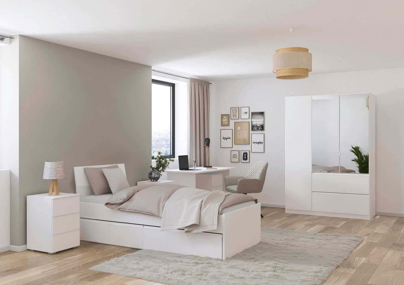 rauch Jugendzimmer-Set Komplettzimmer Schlafzimmer-Set (5-St) Jugendzimmer-Set JOEL, (Set, 5-tlg., Bett 90x200 oder 140x200 cm, Ausstattungspakete BASIC/CLASSIC/PREMIUM), Bett 2 Breiten,Nachttisch,Tisch,Rollcontainer,Schrank MADE IN GERMANY von rauch