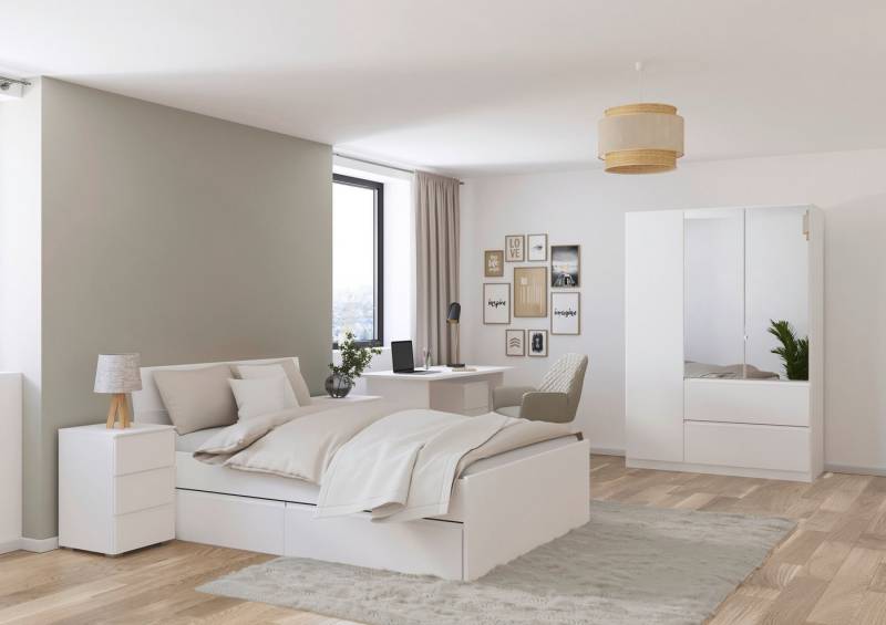 rauch Jugendzimmer-Set Komplettzimmer Schlafzimmer-Set (5-St) Jugendzimmer-Set JOEL, (Set, 5-tlg., Bett 90x200 oder 140x200 cm, Ausstattungspakete BASIC/CLASSIC/PREMIUM), Bett 2 Breiten,Nachttisch,Tisch,Rollcontainer,Schrank MADE IN GERMANY von rauch