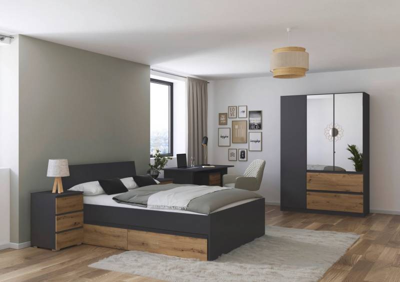 rauch Jugendzimmer-Set Komplettzimmer Schlafzimmer-Set (5-St) Jugendzimmer-Set JOEL, (Set, 5-tlg., Bett 90x200 oder 140x200 cm, Ausstattungspakete BASIC/CLASSIC/PREMIUM), Bett 2 Breiten,Nachttisch,Tisch,Rollcontainer,Schrank MADE IN GERMANY von rauch