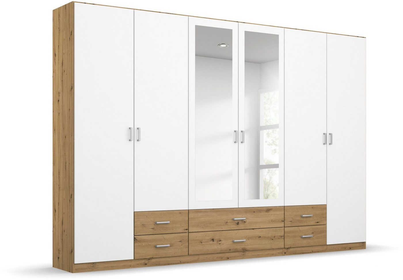 rauch Kleiderschrank Gamma Drehtürenschrank Garderobe Schrank mit Spiegel in schlichtem Design mit Schubkästen und Spiegel, in 3 Breiten von rauch