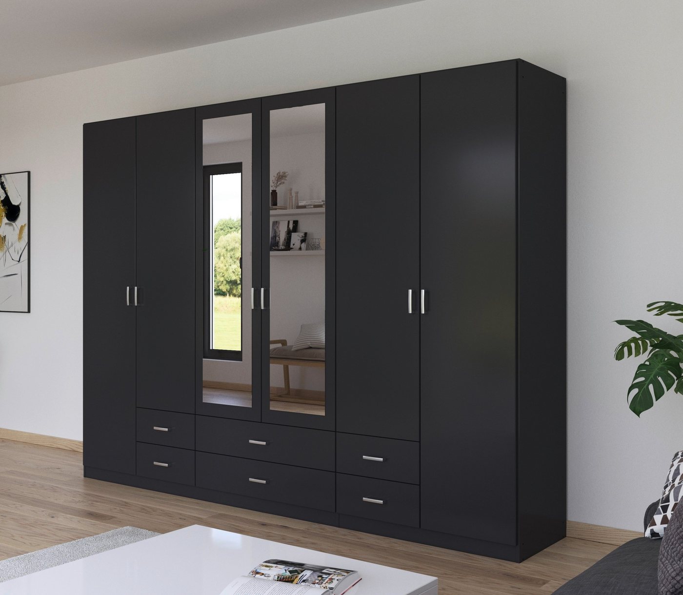 rauch Kleiderschrank Gamma Drehtürenschrank Garderobe Schrank mit Spiegel in schlichtem Design mit Schubkästen und Spiegel, in 3 Breiten von rauch