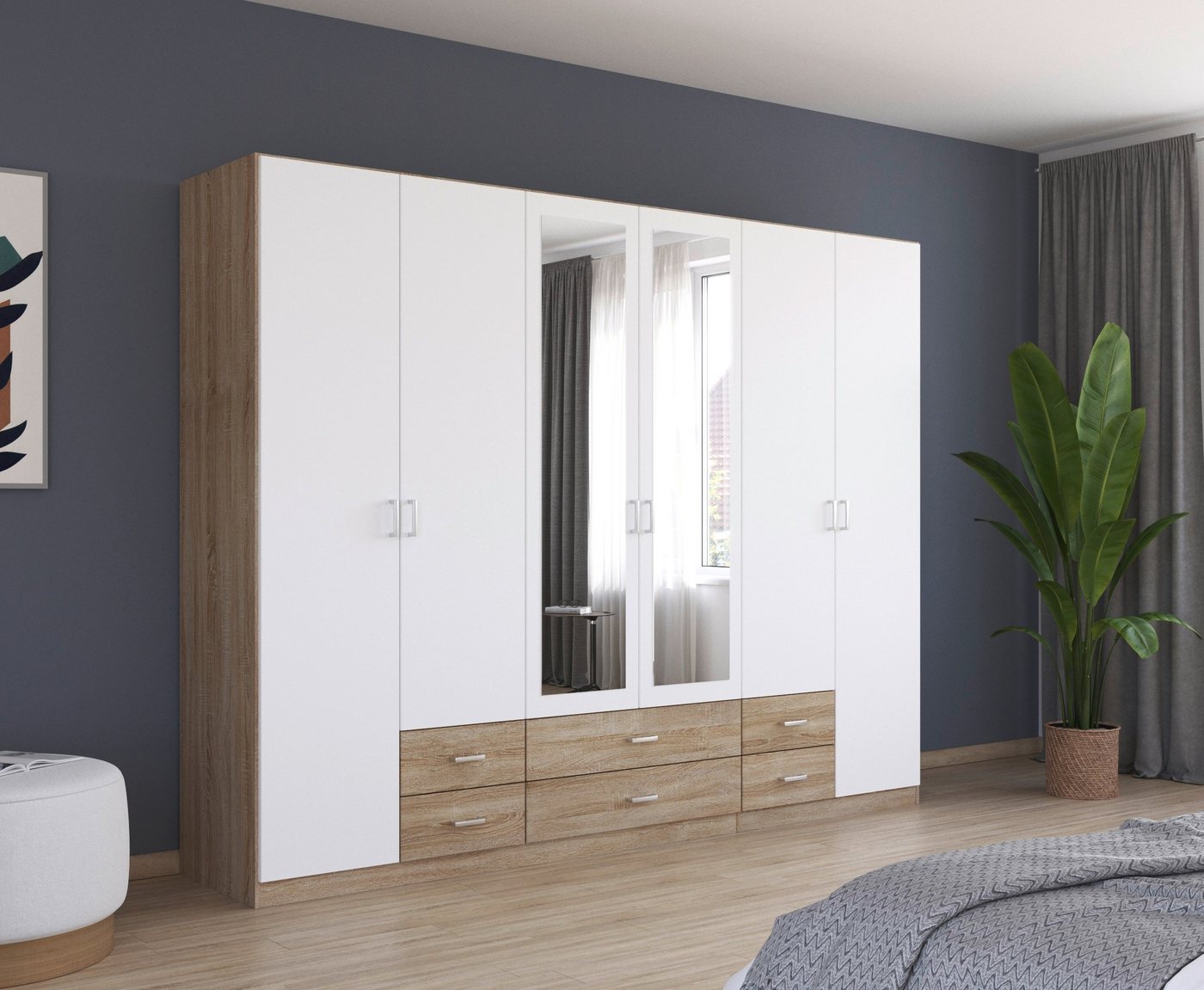 rauch Kleiderschrank Gamma Drehtürenschrank Garderobe Schrank mit Spiegel in schlichtem Design mit Schubkästen und Spiegel, in 3 Breiten von rauch