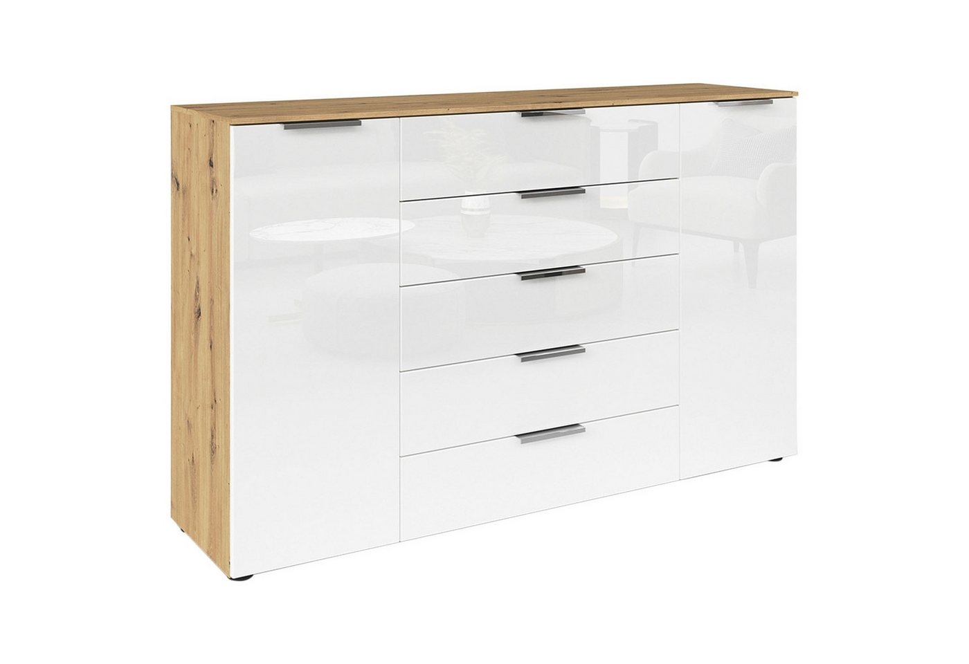 rauch Kommode FLIPP, Artisan Eiche Dekor, Weiß, 2 Türen, 5 Schubladen, mit Soft-Close-Funktion, B 160 x H 100 x T 42 cm von rauch