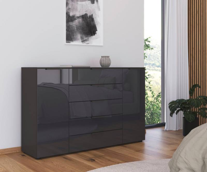 rauch Schubkastenkommode Kommode Türkommode Sideboard Kombikommode FLIPP mit Glasfront (Breite 160/180 cm mit 4 Einlegeböden), 2-trg mit 5 Schubladen und Soft-Close, 2 Breiten MADE IN GERMANY von rauch