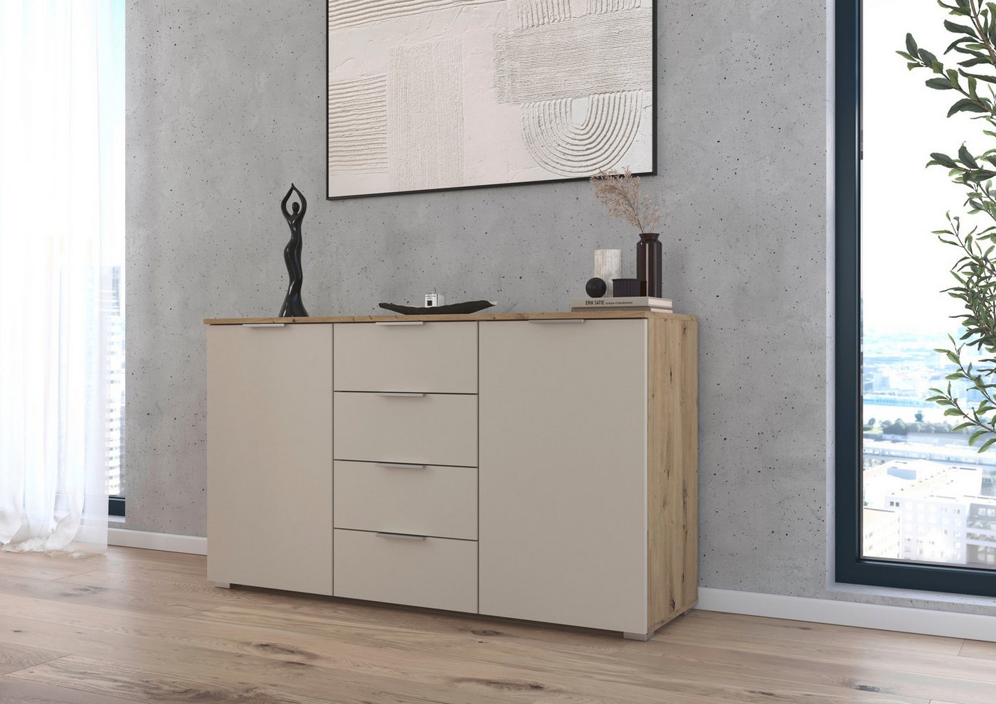 rauch Kommode Sideboard Kombikommode Schubladenkommode AGORDO, Breite 140 cm mit 4 Schubkästen und 2 Türen, inkl. 3er-Set Filzboxen von rauch