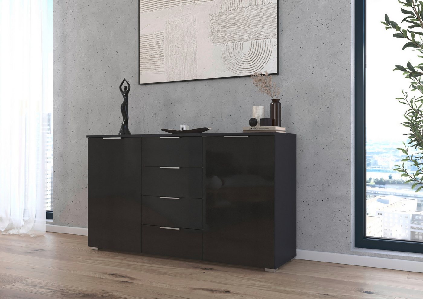 rauch Kommode Sideboard Kombikommode Schubladenkommode AGORDO, Breite 140 cm mit 4 Schubkästen und 2 Türen, inkl. 3er-Set Filzboxen von rauch