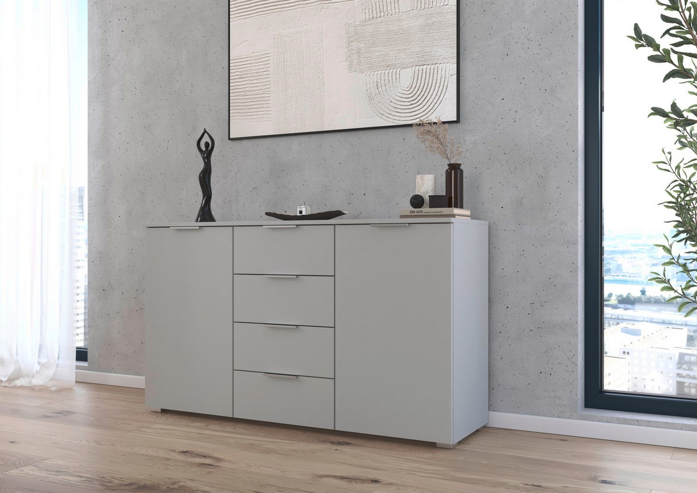 rauch Kommode Sideboard Kombikommode Schubladenkommode AGORDO, Breite 140 cm mit 4 Schubkästen und 2 Türen, inkl. 3er-Set Filzboxen von rauch