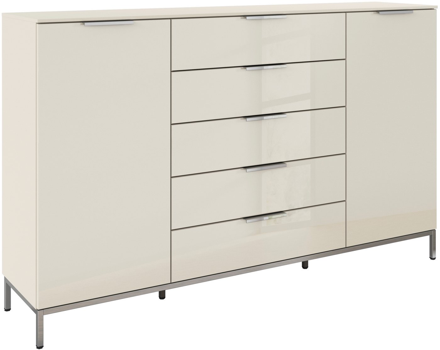 rauch Schubkastenkommode Kommode Türkommode Sideboard Kombikommode FLIPP mit Glasfront (Breite 160/180 cm mit 4 Einlegeböden), 2-trg mit 5 Schubladen und Soft-Close-Funktion, Glasfront, 2 Breiten von rauch