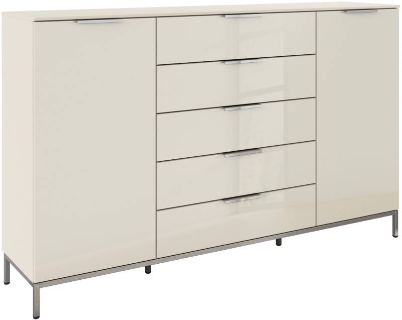 rauch Schubkastenkommode Kommode Türkommode Sideboard Kombikommode FLIPP mit Glasfront (Breite 160/180 cm mit 4 Einlegeböden), 2-trg mit 5 Schubladen und Soft-Close-Funktion, Glasfront, 2 Breiten von rauch