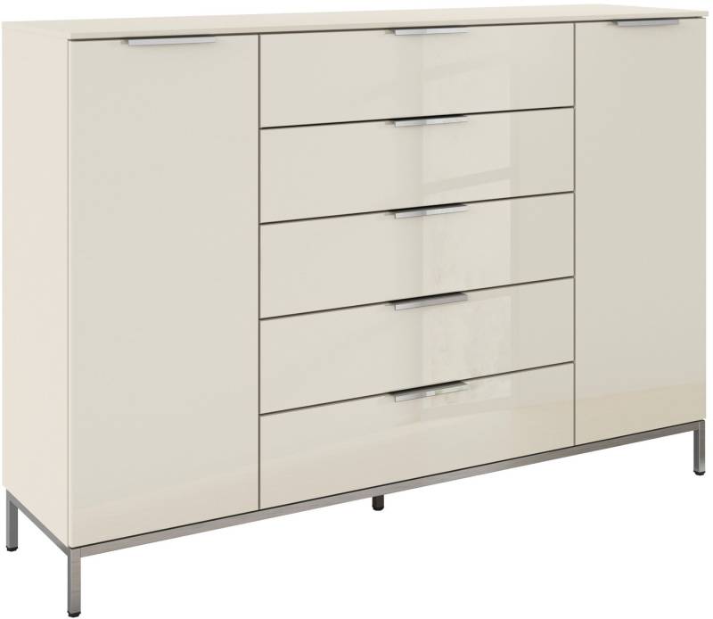 rauch Schubkastenkommode Kommode Türkommode Sideboard Kombikommode FLIPP mit Glasfront (Breite 160/180 cm mit 4 Einlegeböden), 2-trg mit 5 Schubladen und Soft-Close-Funktion, Glasfront, 2 Breiten von rauch