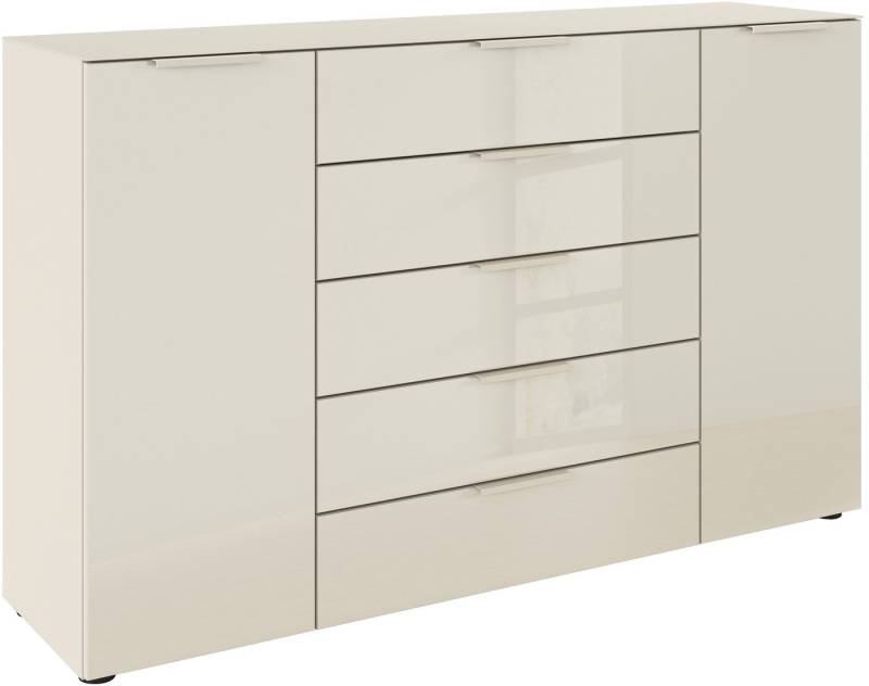 rauch Schubkastenkommode Kommode Türkommode Sideboard Kombikommode FLIPP mit Glasfront (Breite 160/180 cm mit 4 Einlegeböden), 2-türig, 5 Schubladen, Soft-Close, Oberboden und Front Glas, 2 Breiten von rauch