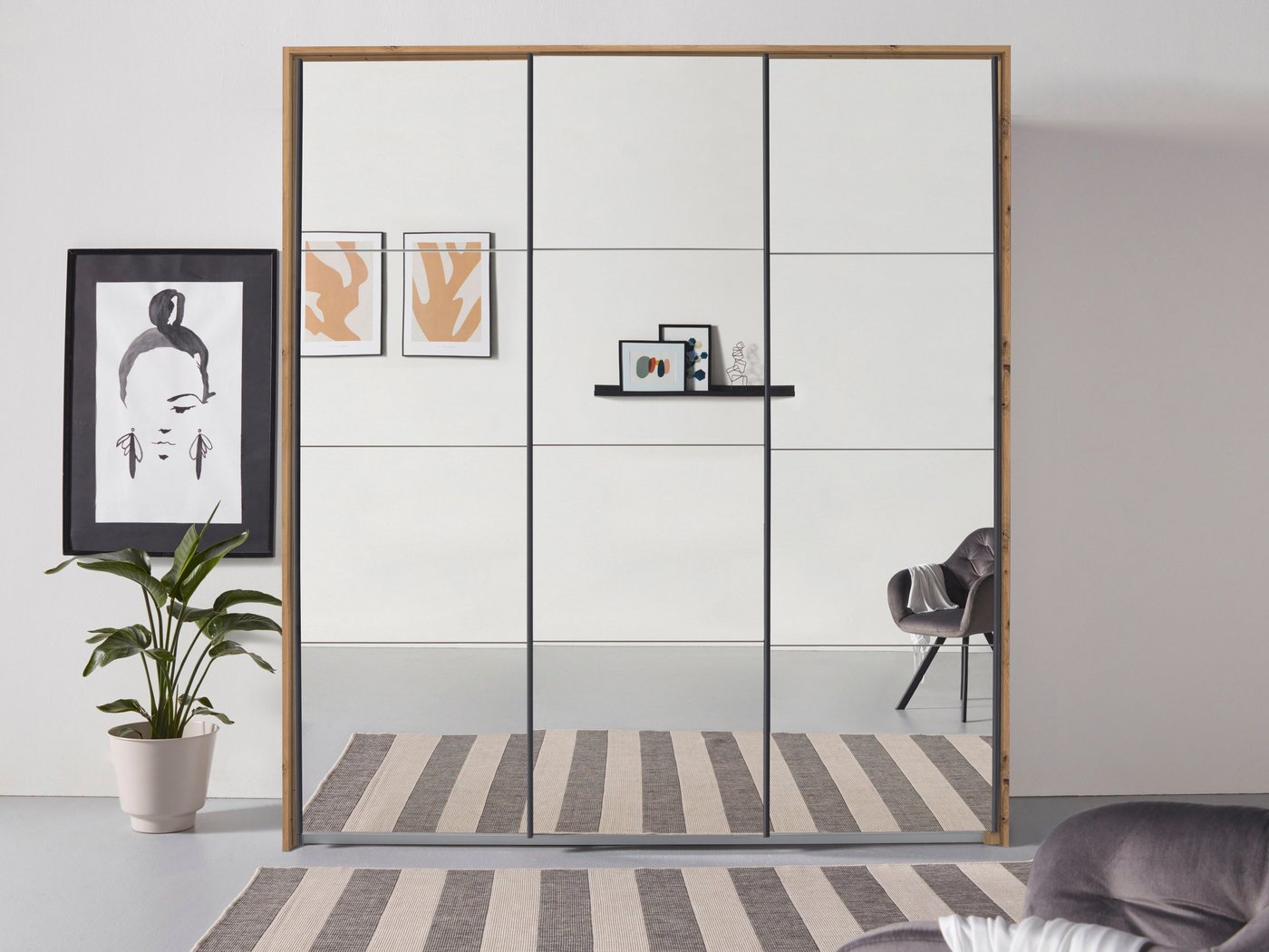 rauch Schwebetürenschrank Oteli mit Spiegelfront und Passepartout optional mit Beleuchtung von rauch