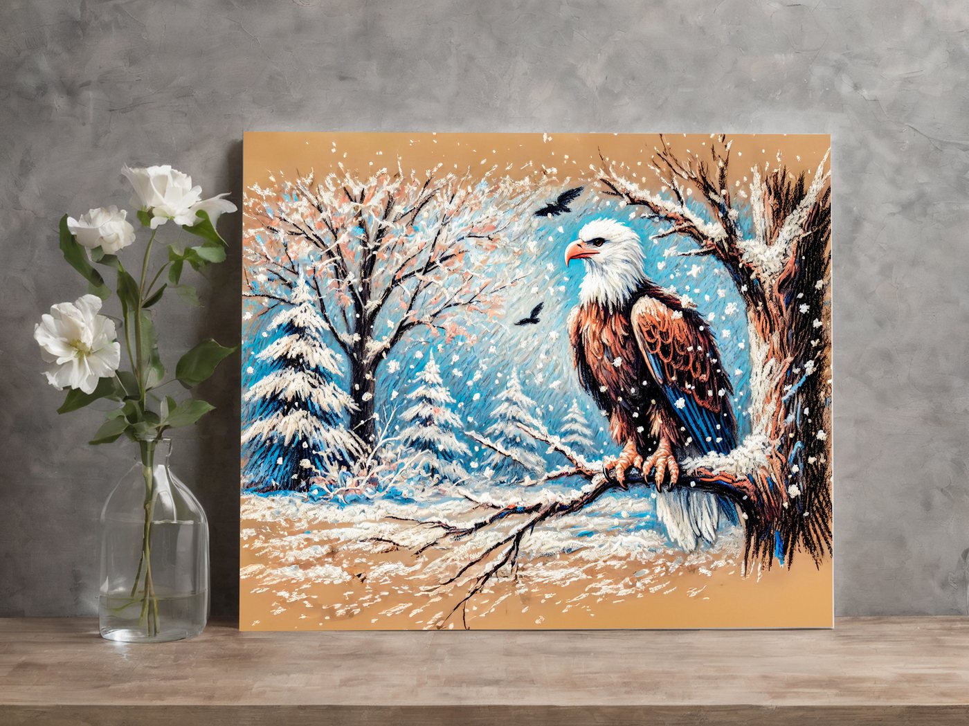 raxxa Leinwandbild "Eagle Sitting on Tree During Snowfall in Winter Pastel Chalk Drawing", Fotodruck von raxxa