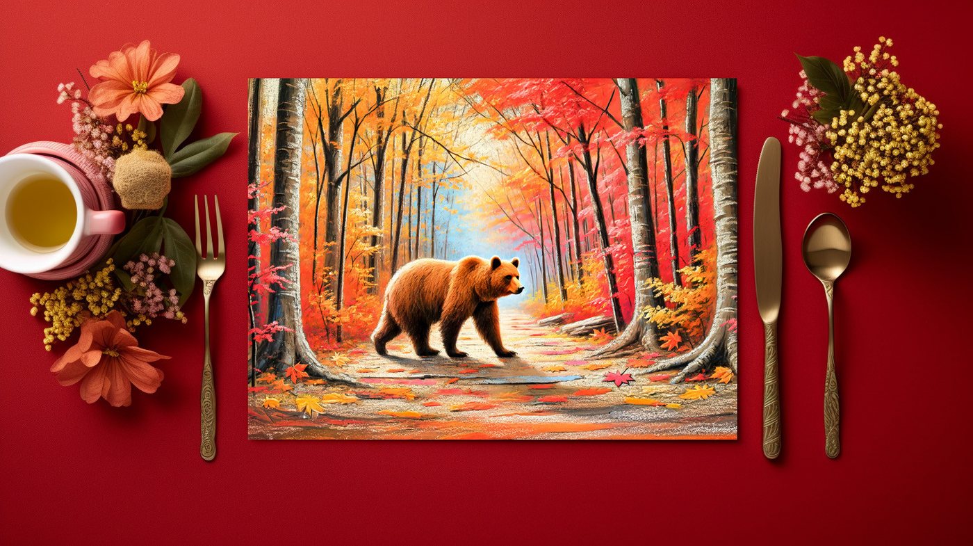 raxxa Platzset raxxa Premium-Platzset"Brown Bear in Autumn Forest Pastel Chalk Art", (Set, 4-St., Platzdecken) von raxxa