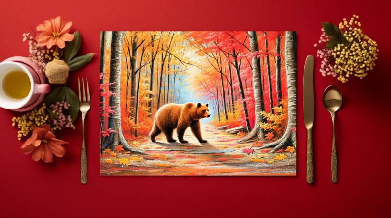 raxxa Platzset raxxa Premium-Platzset"Brown Bear in Autumn Forest Pastel Chalk Art", (Set, 4-St., Platzdecken) von raxxa