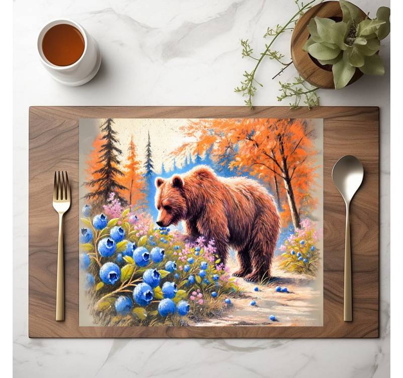 raxxa Platzset raxxa Premium-Platzset"Brown Bear with Blueberries Pastel Chalk Art", (Set, 4-St., Platzdecken) von raxxa