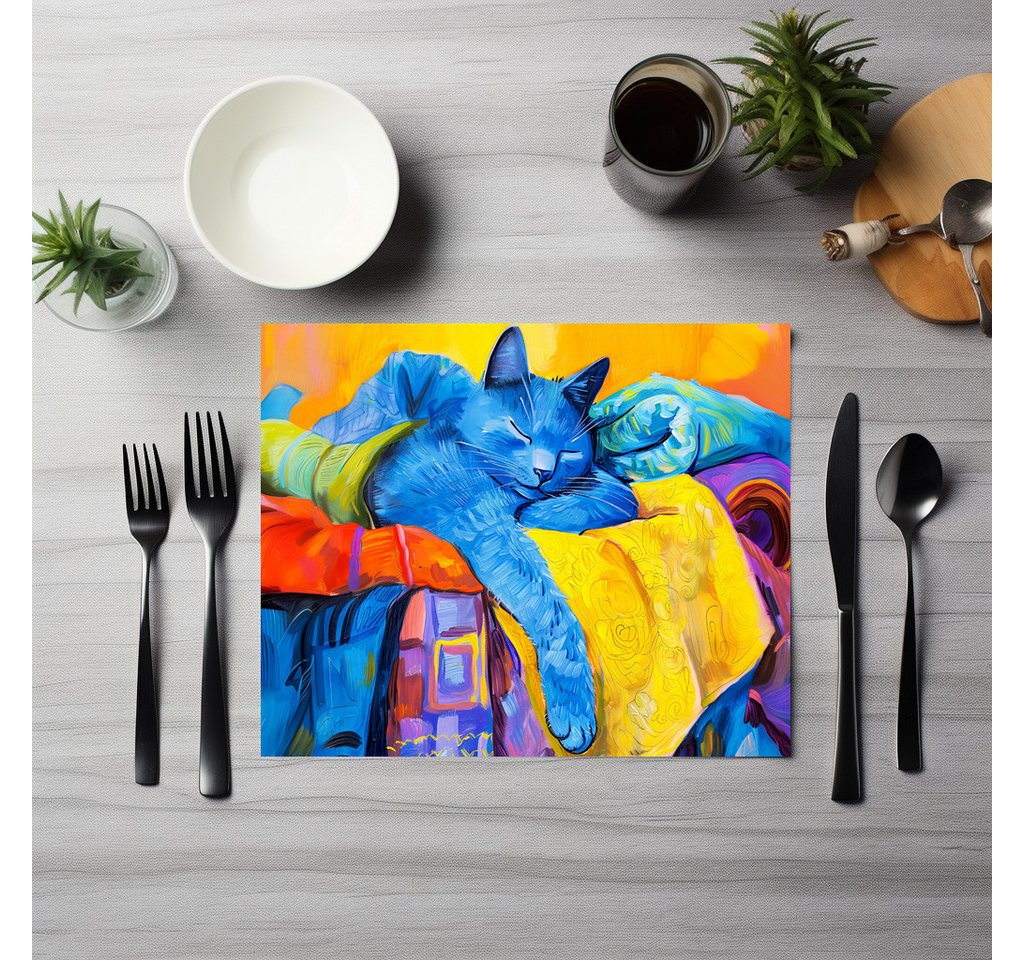 raxxa Platzset raxxa Premium-Platzset"Cartoon Cozy Cat in Armchair", (Set, 4-St., Platzdecken) von raxxa