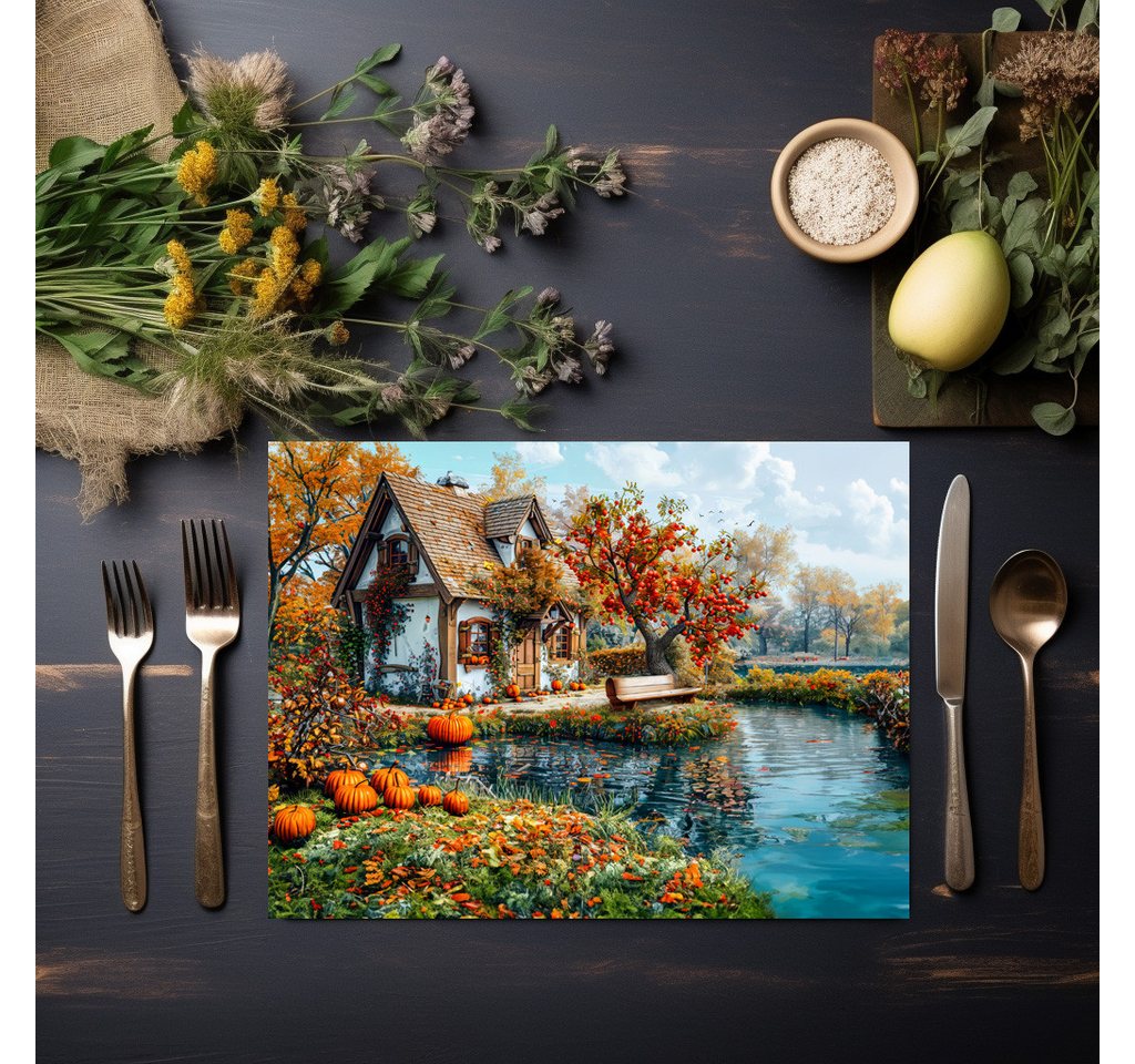 raxxa Platzset raxxa Premium-Platzset"Cozy Lakeside Cottage in Autumn Illustration", (Set, 4-St., Platzdecken) von raxxa