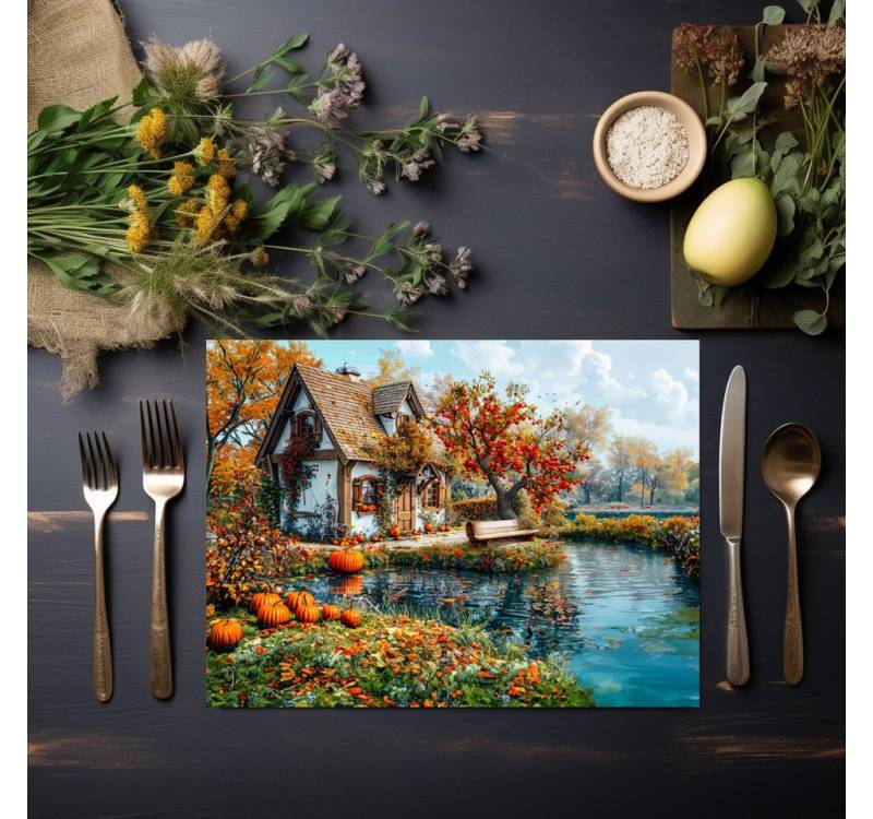 raxxa Platzset raxxa Premium-Platzset"Cozy Lakeside Cottage in Autumn Illustration", (Set, 4-St., Platzdecken) von raxxa