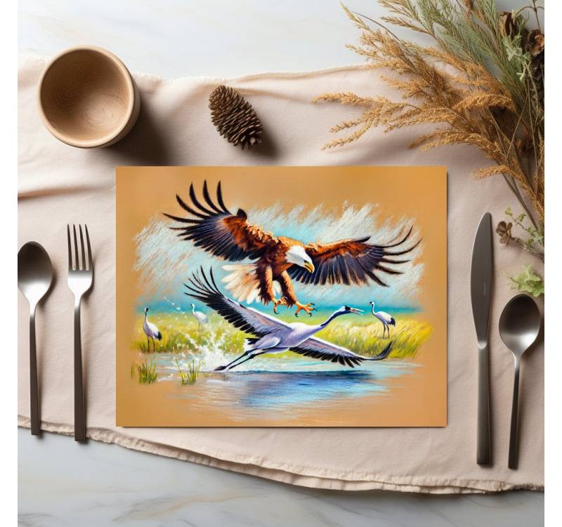 raxxa Platzset raxxa Premium-Platzset"Eagle Hunting Crane - Pastel Chalk Drawing", (Set, 4-St., Platzdecken) von raxxa