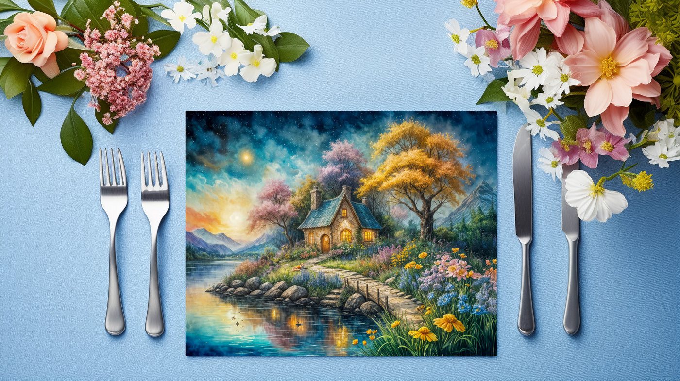 raxxa Platzset raxxa Premium-Platzset"Enchanting Cottage by Moonlit Stream", (Set, 4-St., Platzdecken) von raxxa