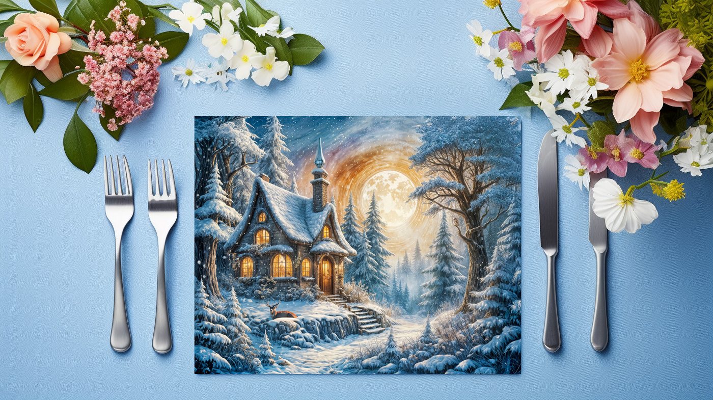 raxxa Platzset raxxa Premium-Platzset"Enchanting Winter Cottage in Moonlight", (Set, 2-St., Platzdecken) von raxxa