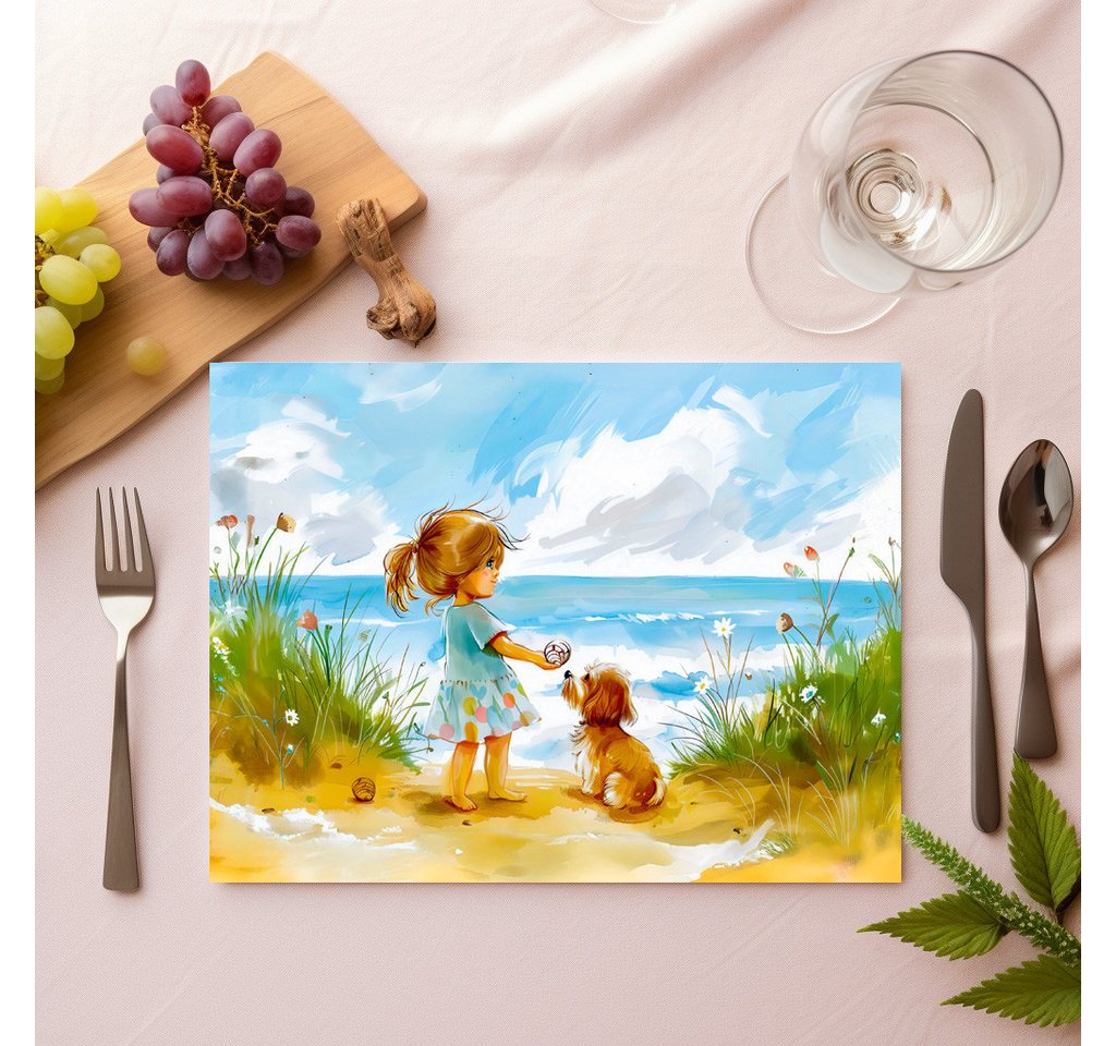 raxxa Platzset raxxa Premium-Platzset"Girl with dog playing at beach watercolor", (Set, 4-St., Platzdecken) von raxxa