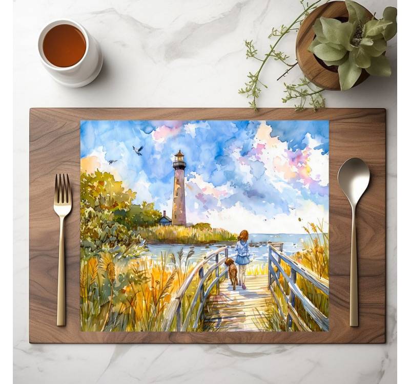 raxxa Platzset raxxa Premium-Platzset"Lighthouse trail with child and dog watercolor", (Set, 4-St., Platzdecken) von raxxa