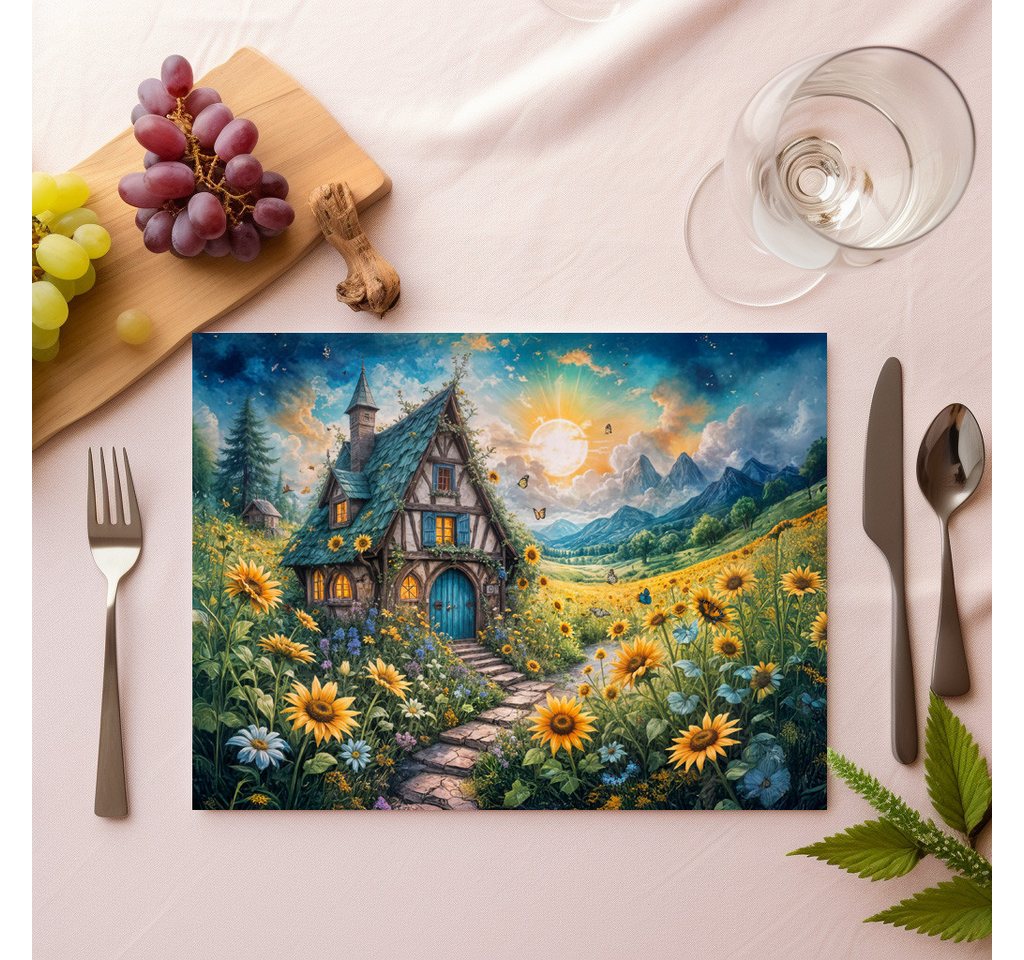 raxxa Platzset raxxa Premium-Platzset"Magical Cottage with Sunflower Field", (Set, 4-St., Platzdecken) von raxxa
